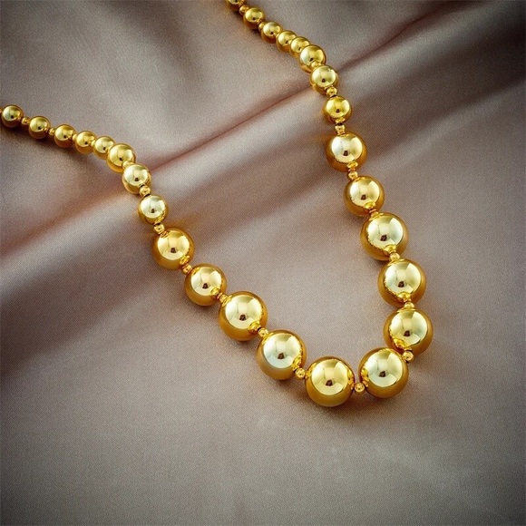 Gold Round Circle Link Chain Bead Balls Metallic Pearl Necklace - Picture 2 of 13